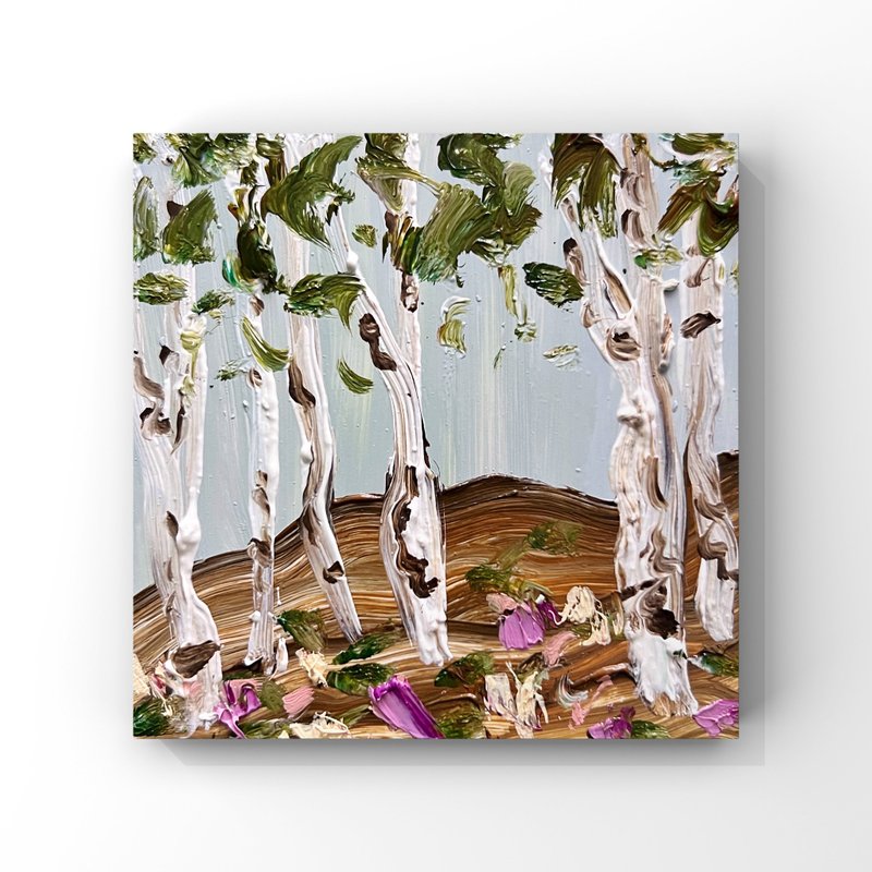 Birch Trees And Wildflowers Mini Original Oil Painting Abstract Landscape Art - 海報/掛畫/掛布 - 其他材質 多色