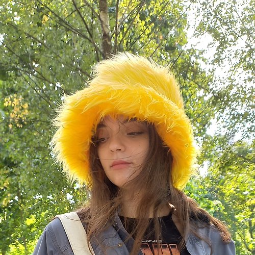 ALLApparelArt Bright yellow hat. Faux fur bucket hat. Festival fuzzy neon hat. Acid yellow hat