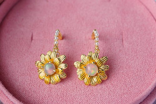 roseandmarry Natural Opal Silver 925 Drop Earrings, Flower earrings