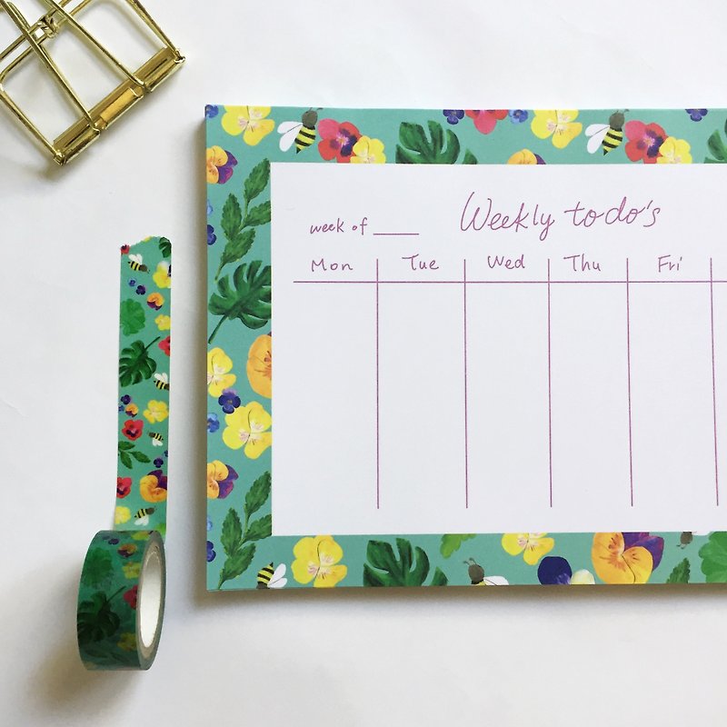 三色堇與蜜蜂  桌上型週計劃本 無時效周計畫 週計劃便條本 - 月曆/年曆/日曆 - 紙 綠色