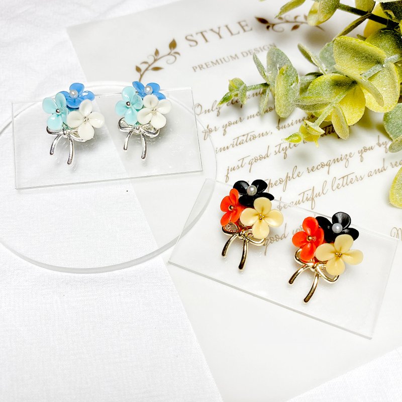 Bow bouquet earrings | Clay earrings - ต่างหู - ดินเหนียว สีส้ม