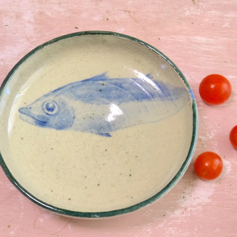 Fish pottery plate mackerel mackerel - จานเล็ก - ดินเผา สีน้ำเงิน