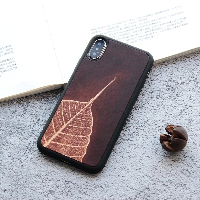 Dark brown Bodhi leaf iphone leather phone case 6s 7 8 plus x xs max xr Customized - เคส/ซองมือถือ - หนังแท้ สีนำ้ตาล