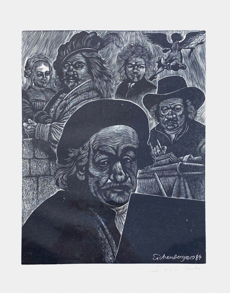 藝術家Fritz Eichenberg - 十一名人致敬版畫系列 - 林布蘭 - 海報/掛畫/掛布 - 紙 白色