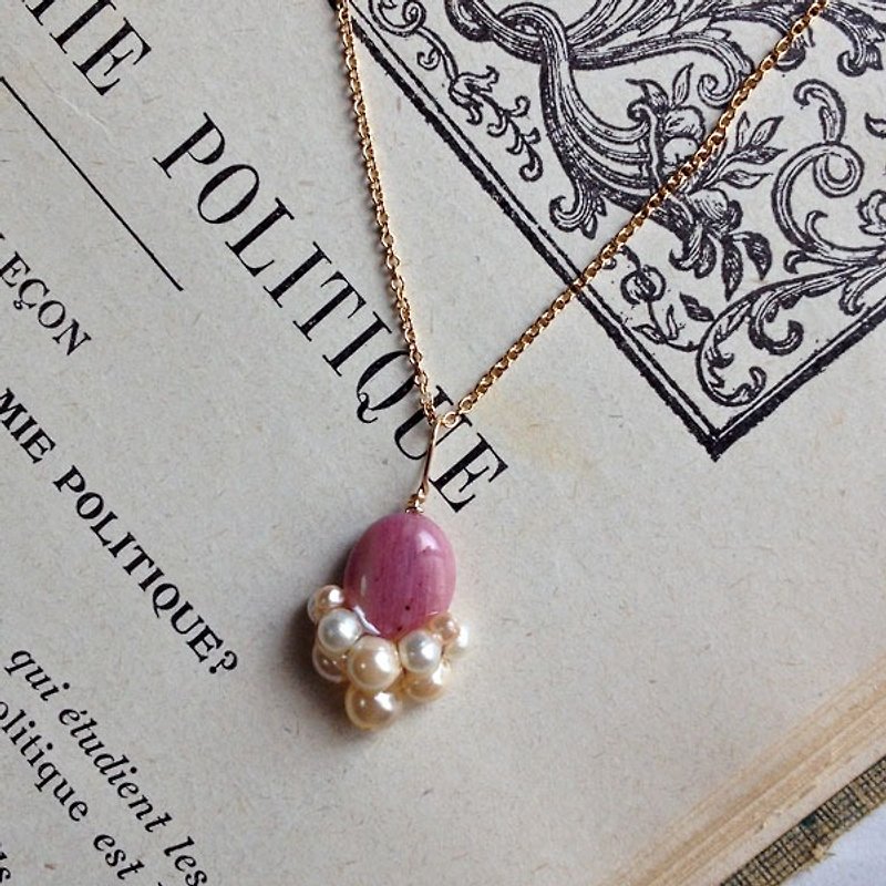 【Mallelabrocante】 14kgfSiliceous SchistAAA × vintage pearl collage necklace [ii-555] - Necklaces - Gemstone Pink