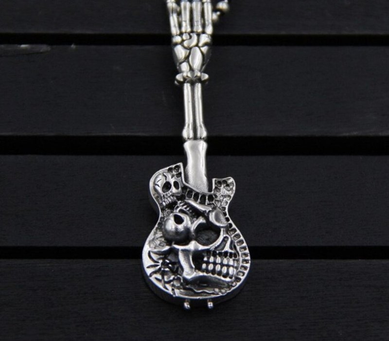 S 925 Sterling Silver Guitar Designer Hand Skull Pendants Necklaces NO CHAIN - 長項鍊 - 純銀 銀色