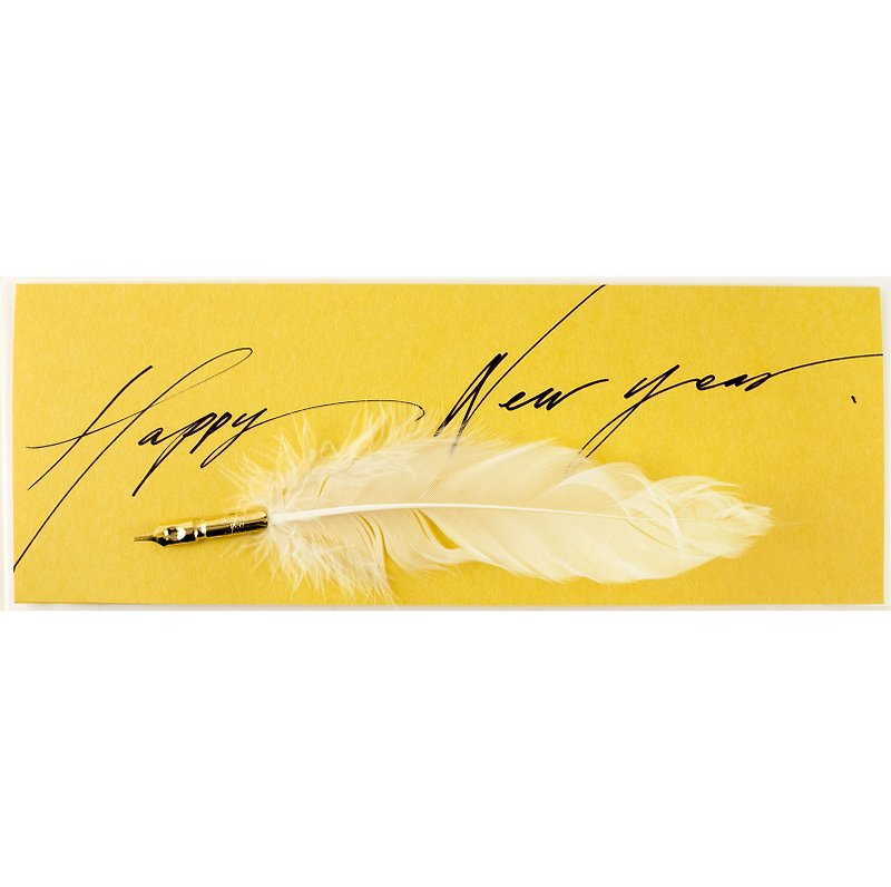 Feather pen handmade card Happy New Year - การ์ด/โปสการ์ด - กระดาษ สีเหลือง
