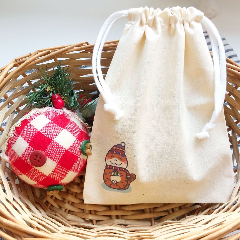 Christmas cat の daily canvas drawstring bag hand-printed Drawstring bag (Christmas gift) - กระเป๋าเครื่องสำอาง - ผ้าฝ้าย/ผ้าลินิน สีแดง