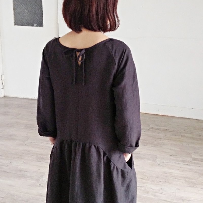 [Armoire *] 100% linen back ribbon dress [tom-01] - One Piece Dresses - Cotton & Hemp Black
