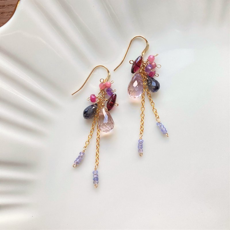 Berry's Tart 14kgf Amethyst Iolite Tourmaline Tanzanite Long earrings - Earrings & Clip-ons - Gemstone Purple