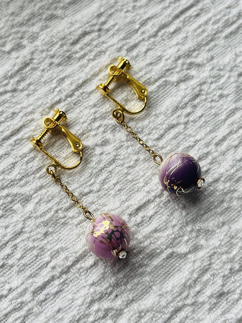 Long Clip-On/ Japanese hanging arabesque beads - Earrings & Clip-ons - Other Metals Purple