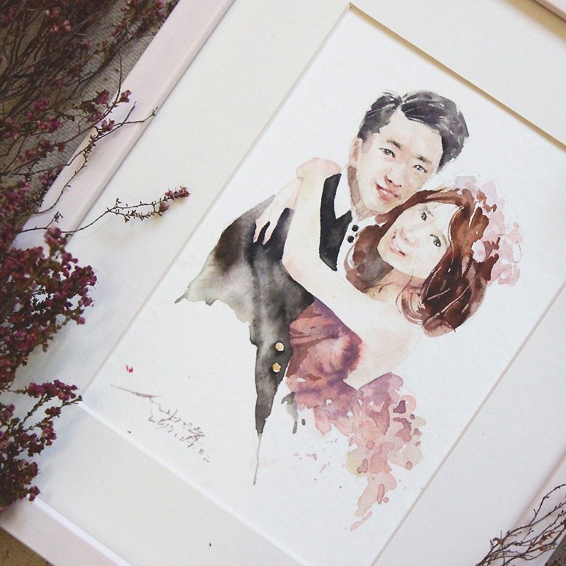 啾吉 watercolor hand-painted custom sweet wedding portrait - [with frame / double] - Cards & Postcards - Paper Pink