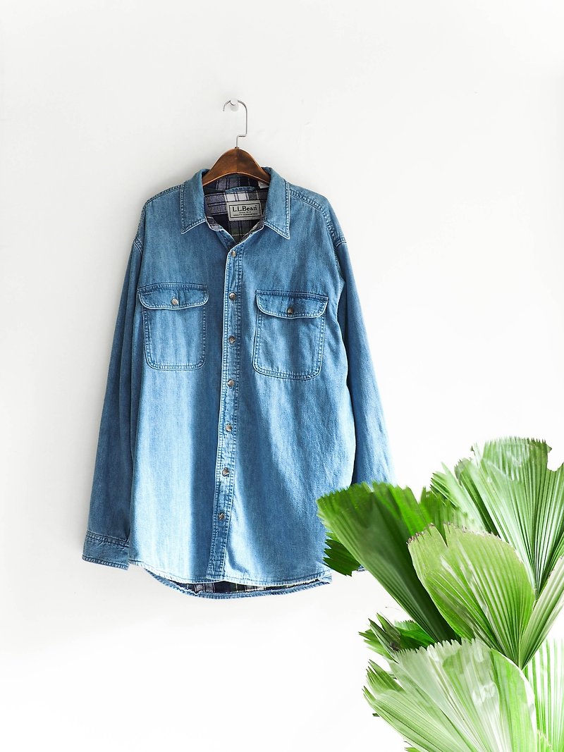 River Hill - llbean sky blue plain simple classic vintage denim shirt Life Jacket vintage neutral shirt oversize vintage - เสื้อเชิ้ตผู้ชาย - ผ้าฝ้าย/ผ้าลินิน สีน้ำเงิน