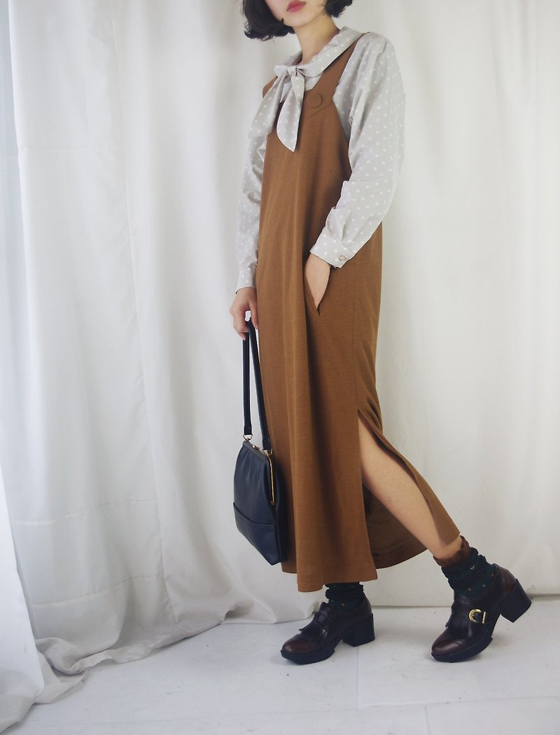 Treasure hunt vintage - Latte coffee slits knit halter dress - One Piece Dresses - Polyester Brown