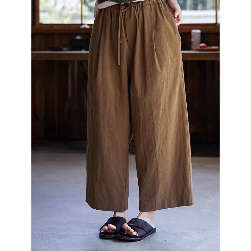 醬褐色強捻棉風格布松緊腰顯瘦休閒褲 - 女長褲 - 棉．麻 