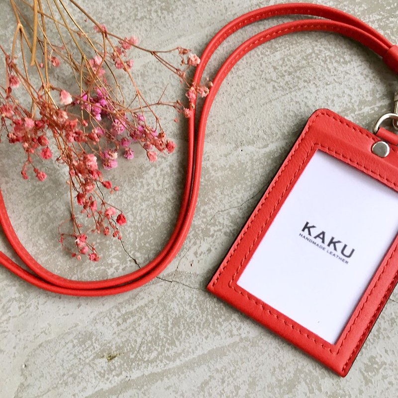 KAKU Leather Design Customized ID Card Holder Red - ที่ใส่บัตรคล้องคอ - หนังแท้ สีแดง