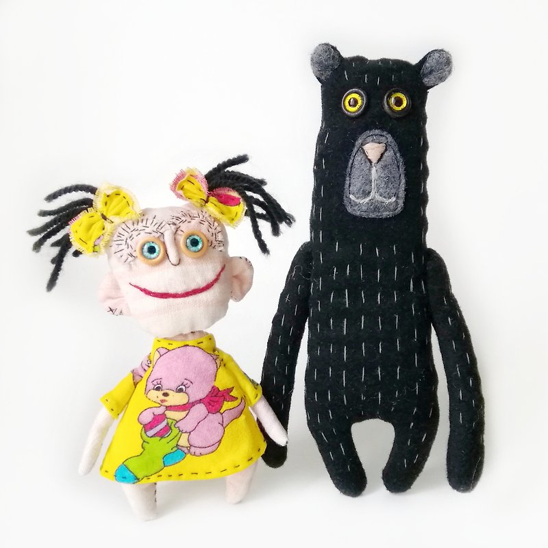 Handmade Dolls: Girl and Bear, Spooky Funny Fabric Interior Toys: One-of-a-Kind - Stuffed Dolls & Figurines - Cotton & Hemp 