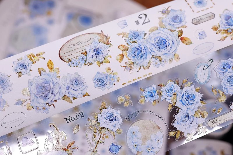 清露（Qinglu）軽やかなレトロブルーのバラと花々、マスキングテープ・PETダイカット手帳テープ - マスキングテープ・PET テープ - その他の素材 多色