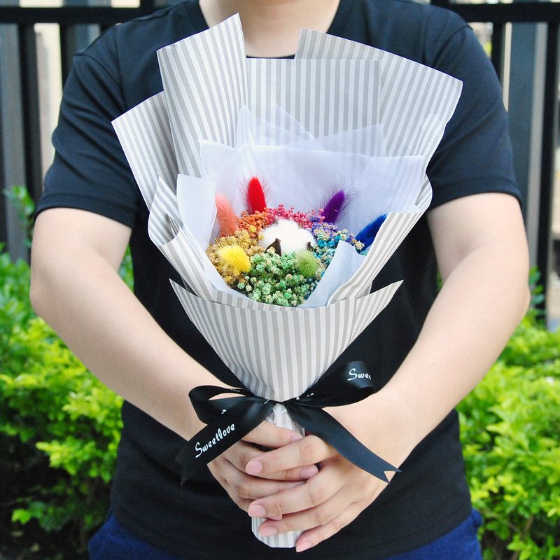 六色彩虹乾燥花束-滿天星棉花糖兔兔 LGBT 附卡片 - 乾燥花/永生花 - 植物．花 多色