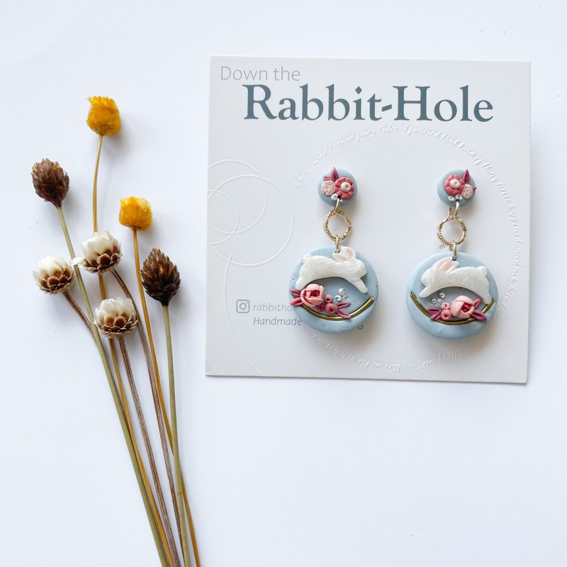 Luna Rabbit | Hopping Bunny on Full Moon, Polymer clay Earrings - Earrings & Clip-ons - Clay Blue