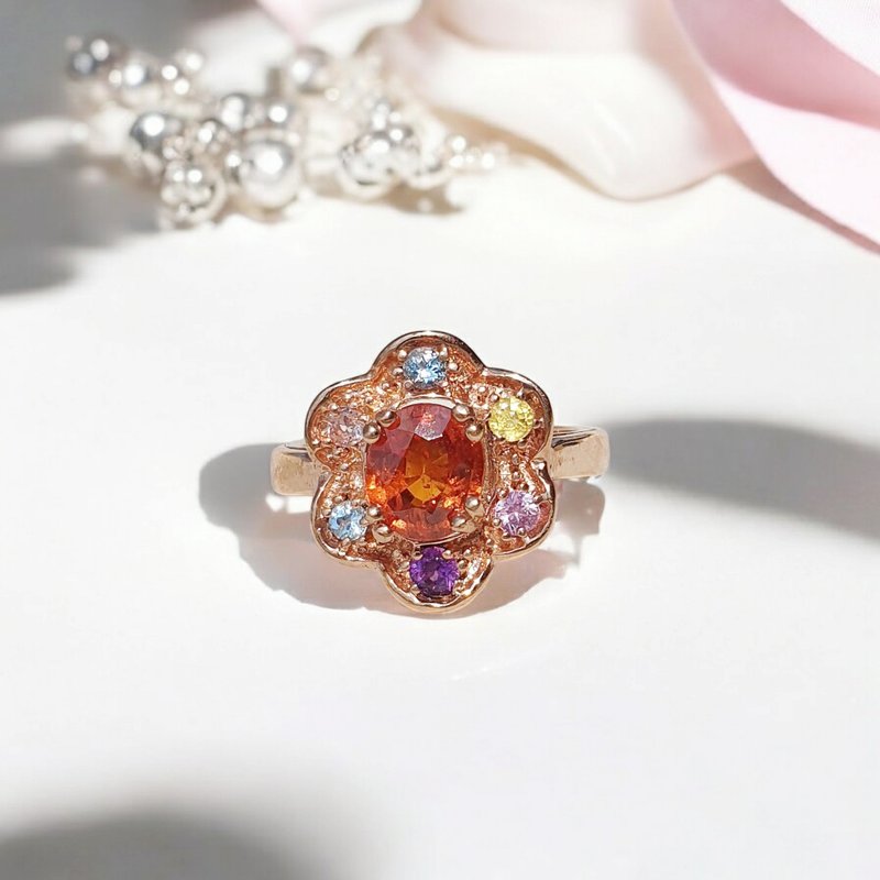 Orange sapphire ring decorated with Multi-color gemstone, Silver 925 setting - 戒指 - 寶石 橘色