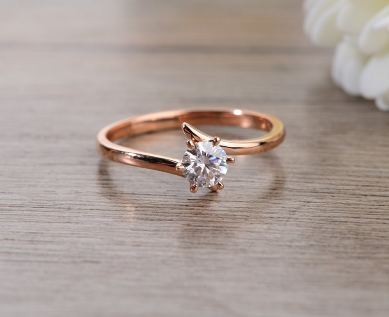 Moissanite Engagement Ring in 18K Rose Gold, Diamond Alternative - General Rings - Rose Gold Blue