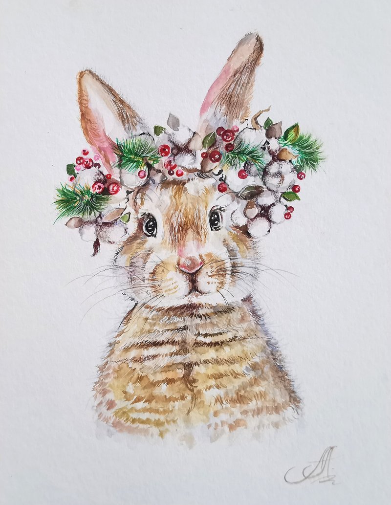 Boho Christmas Whimsy: Watercolor Bunny in Wreath, Capturing the, Rabbit Drawing - Wall Décor - Paper Transparent