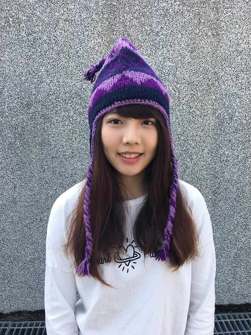 Nepal 100% wool handmade thick knitted wool hat - Hats & Caps - Wool Purple