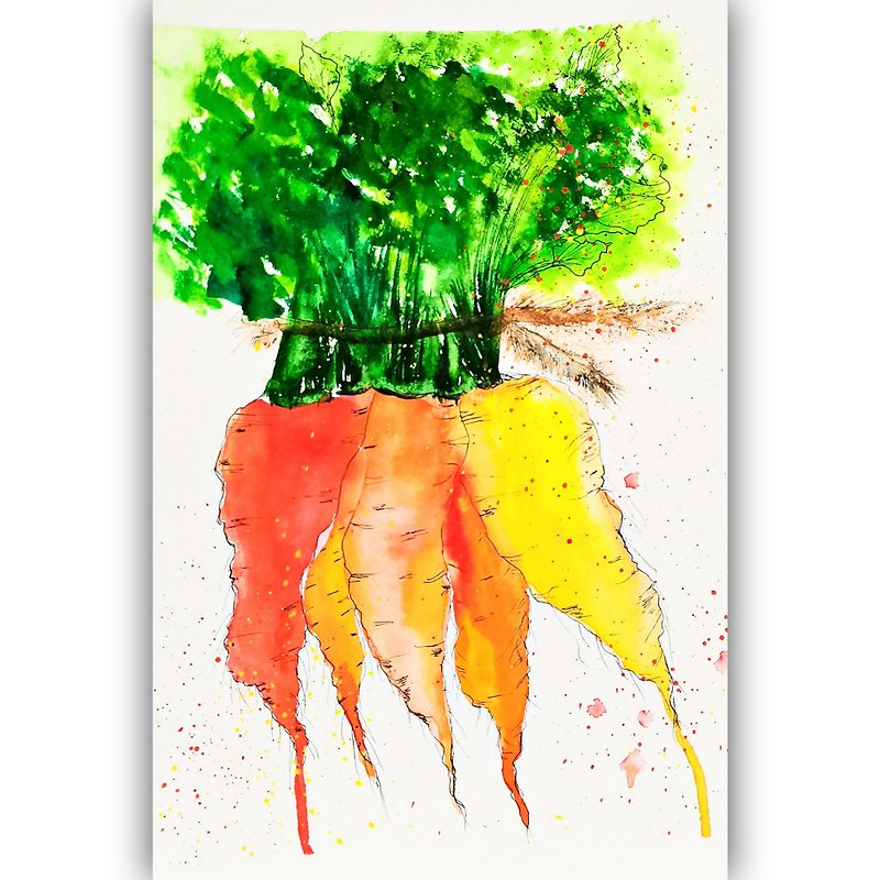 Watercolor Original Carrots Room Decor Painting Vegetable Kitchen Small Painting - 海報/掛畫/掛布 - 紙 多色