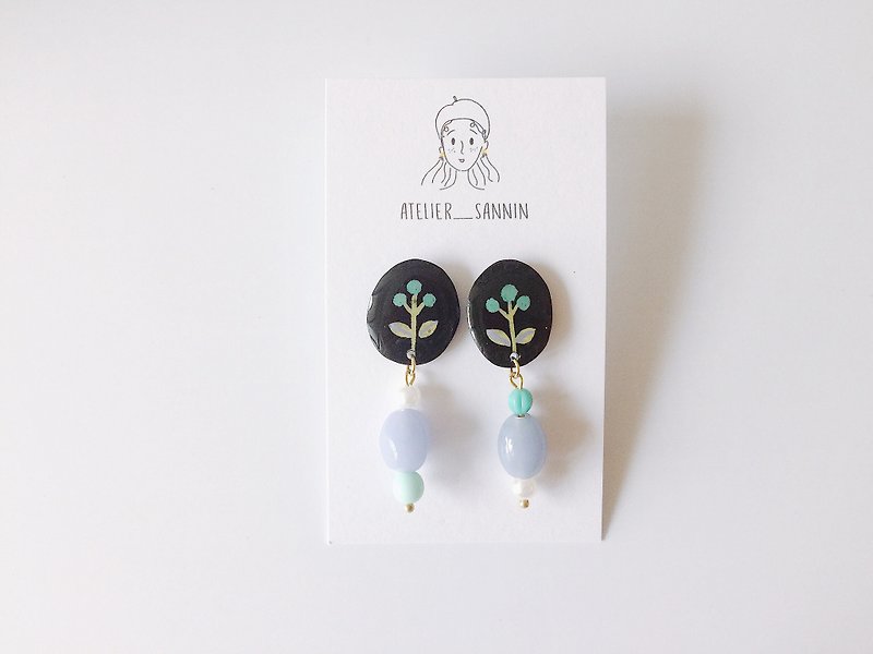 Winter night glass flower series - green small green hand-painted hand-made earrings ear ear drop ear needle - Earrings & Clip-ons - Other Materials Black