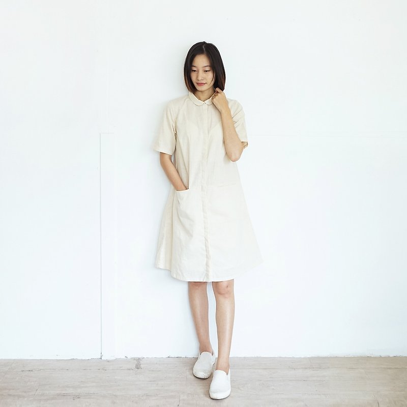 Camomile dress / Natural Cotton-hemp Blend Front Button-Down Knee Length Dresses - 洋裝/連身裙 - 棉．麻 