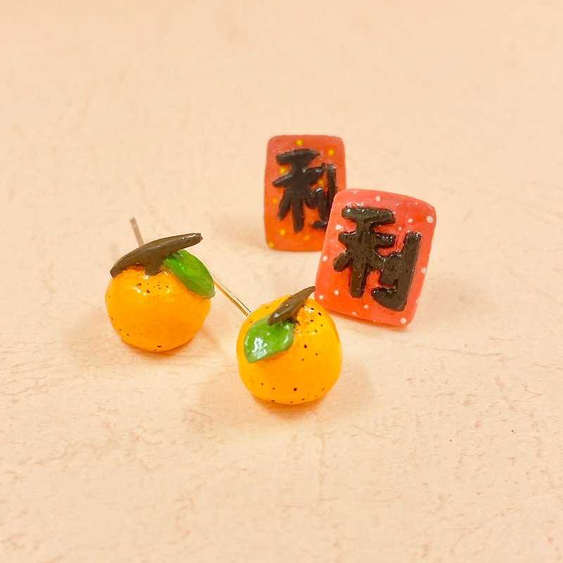 【Good luck】Hand-painted earrings - Earrings & Clip-ons - Clay Orange