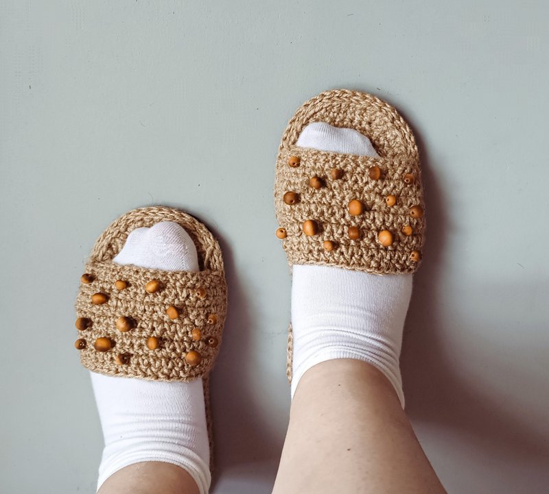 Hemp shoes wood Beads slippers women Ecological footwear Home Slides - รองเท้าแตะในบ้าน - ผ้าฝ้าย/ผ้าลินิน สีทอง