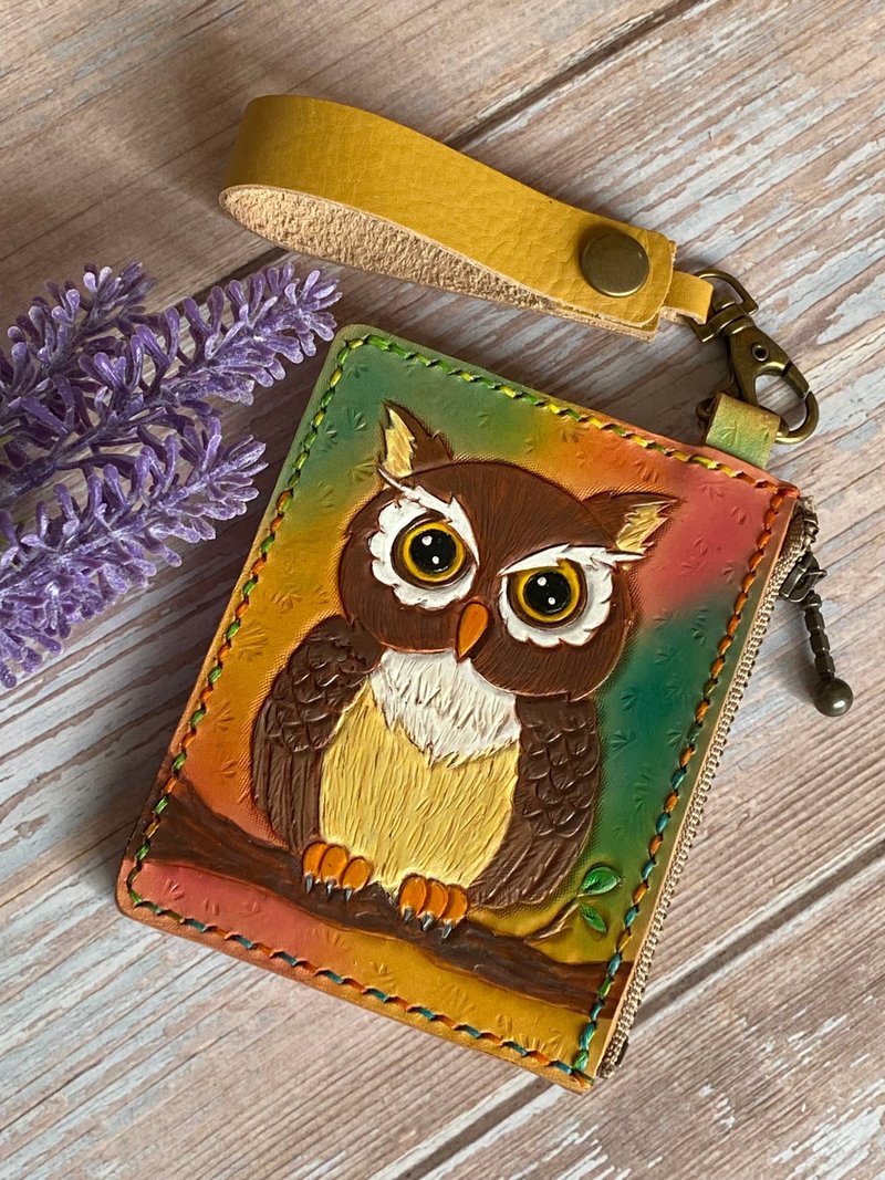 Leather carving/owl card holder - กระเป๋าใส่เหรียญ - หนังแท้ 