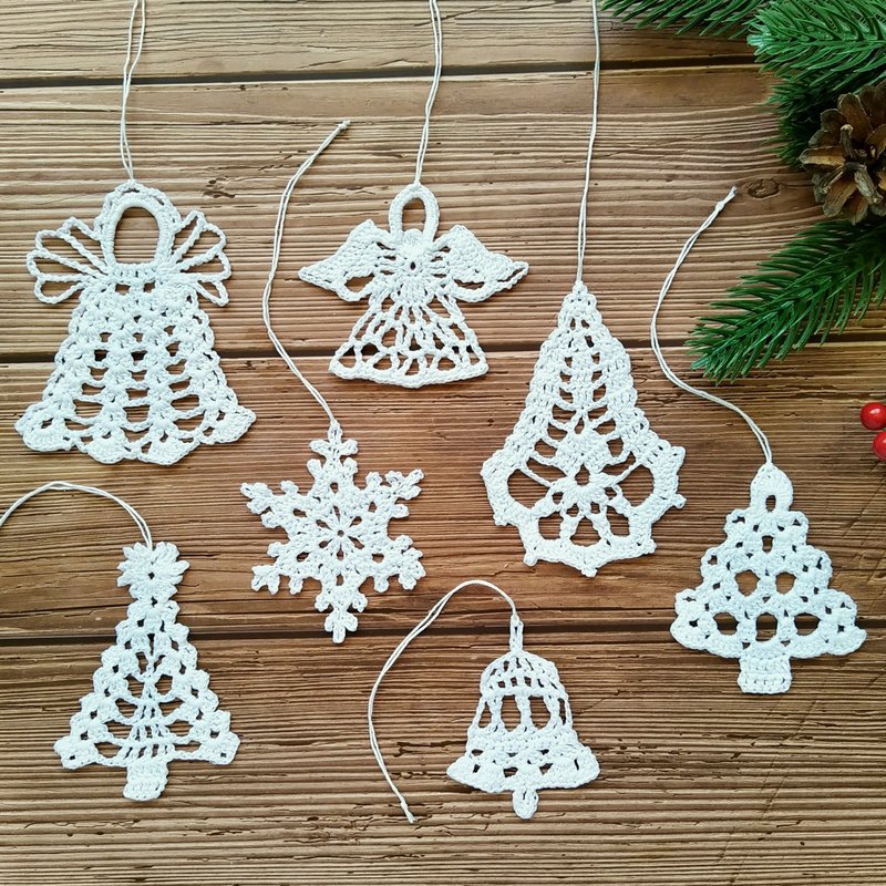 Christmas tree decoration set, White Christmas ornaments Handmade Christmas gift - ของวางตกแต่ง - ผ้าฝ้าย/ผ้าลินิน ขาว