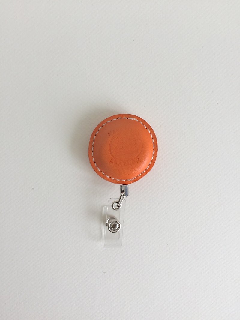 Macarons telescopic document folder nurse clip easy pull buckle leather hand-stitched Macaroon Badge clip - Other - Genuine Leather Orange