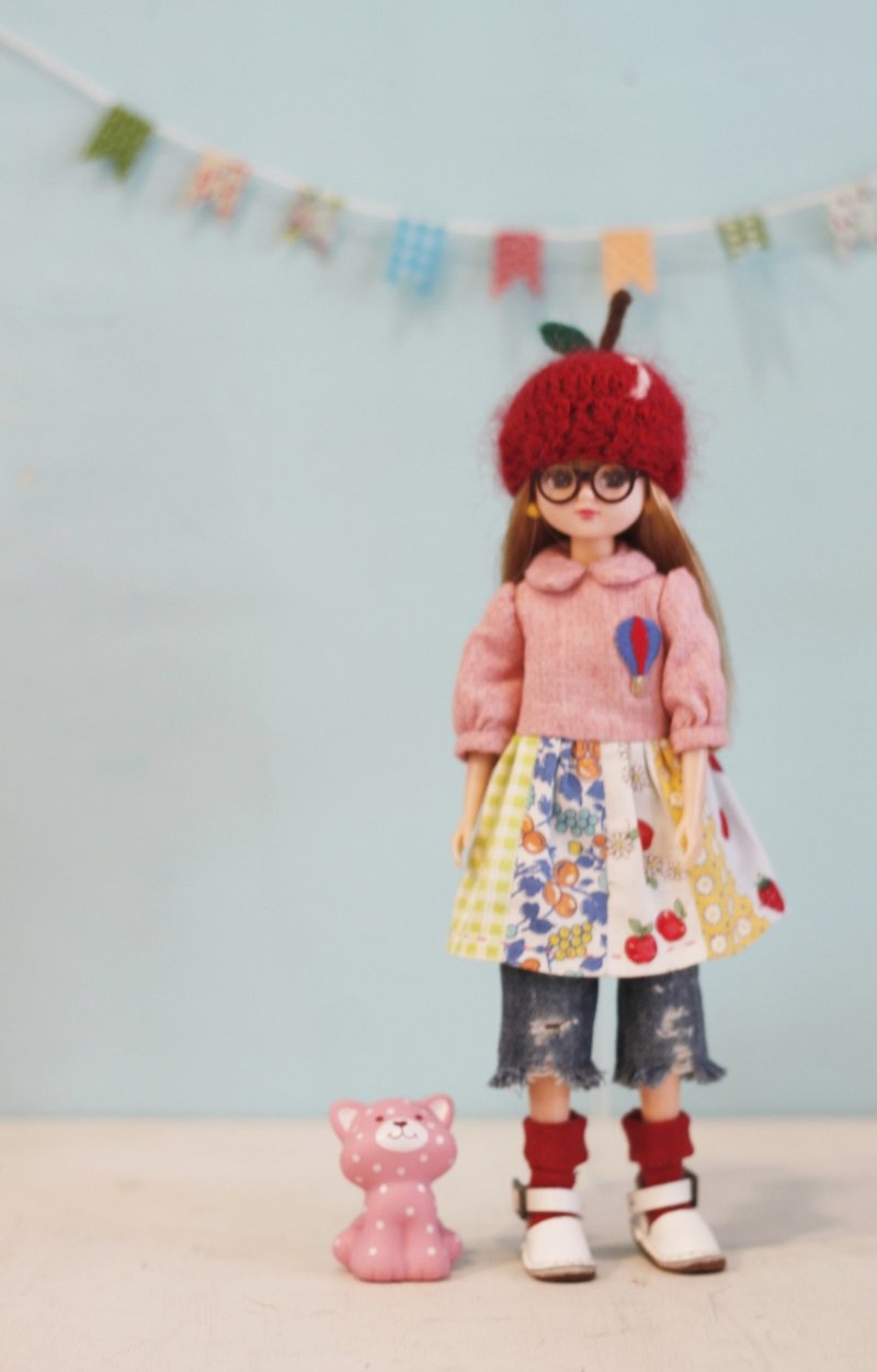 Licca莉卡、爛草莓小頭娃娃可戴尺寸手工編織蘋果款娃帽 - 帽子 - 羊毛 紅色