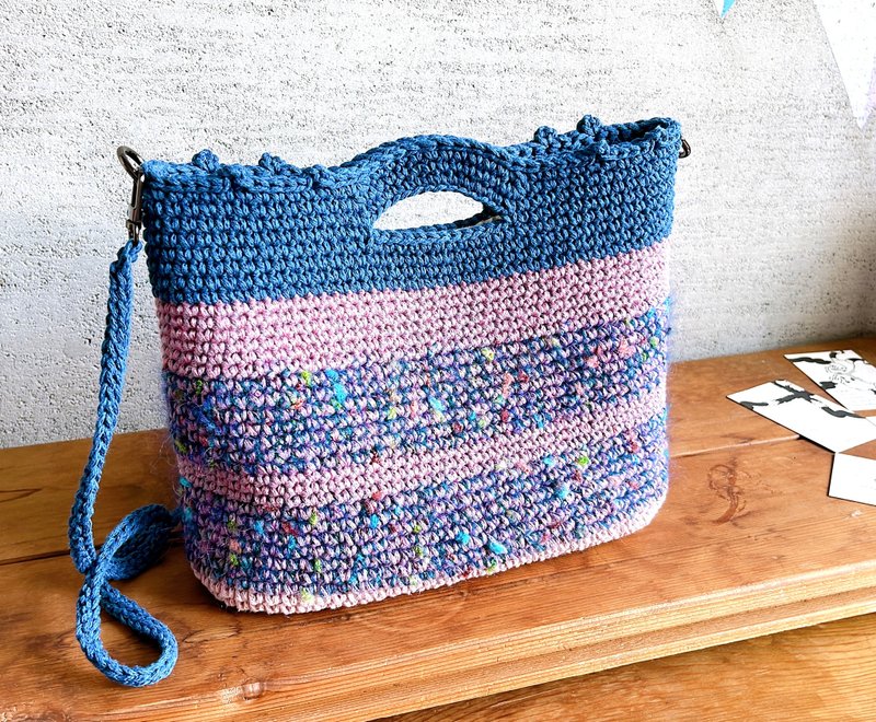 Colorful space-dyed blended striped knitted bag-handbag, side backpack, 2 uses - Messenger Bags & Sling Bags - Cotton & Hemp 