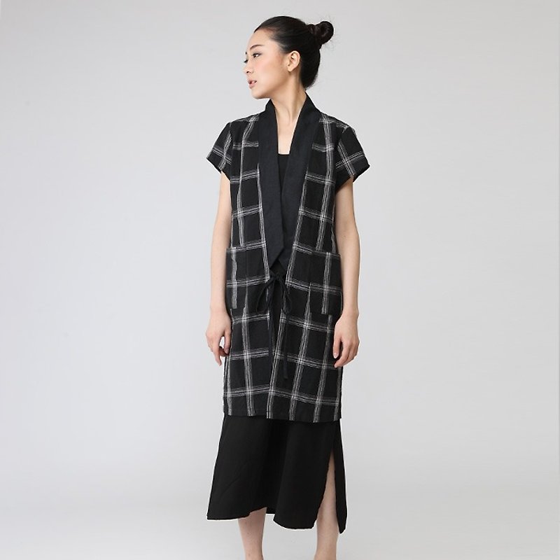 BUFU  Hand woven linen check long vest   O150403 - Women's Vests - Cotton & Hemp Brown