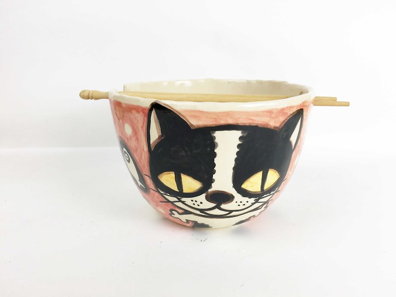 Nice Little Clay handmade big bowl happy black and white cat 0201-22 - Bowls - Pottery Brown