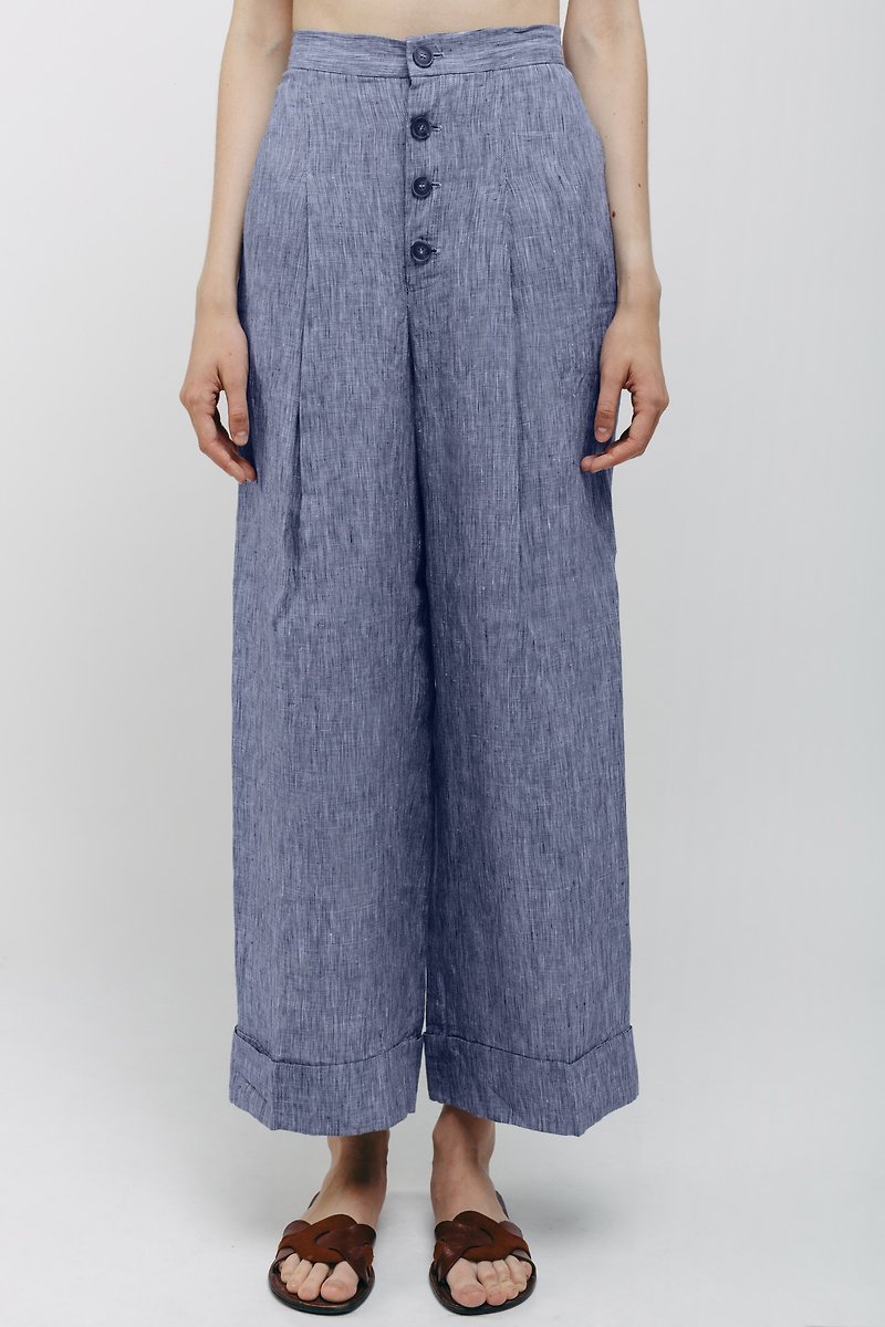 Linen Pleated Pants with Front Buttons Stripes - 闊腳褲/長褲 - 亞麻 