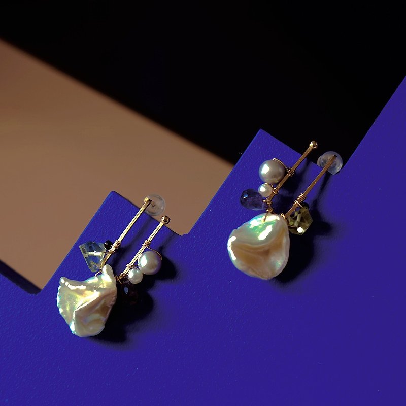 U型異形珍珠搭配天然堇青石檸檬晶耳環  美產14K注金 - 耳環/耳夾 - 其他金屬 黃色