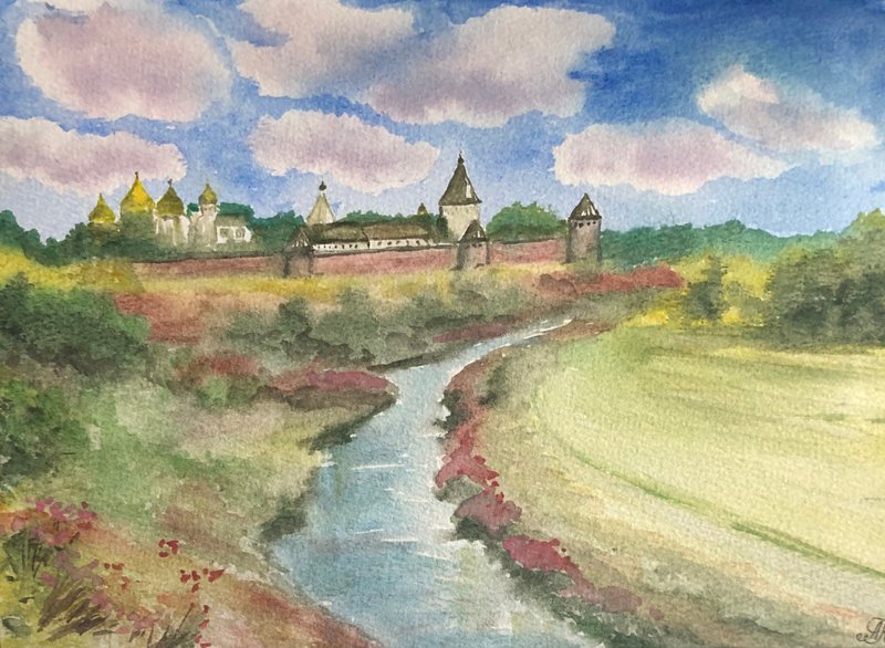 老堡壘原創水彩畫風景牆藝術 Old fortress original watercolour painting landscape wall art - ตกแต่งผนัง - กระดาษ หลากหลายสี