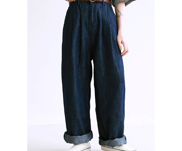 Dark blue Japanese high-waisted wide-leg wide trousers, straight
