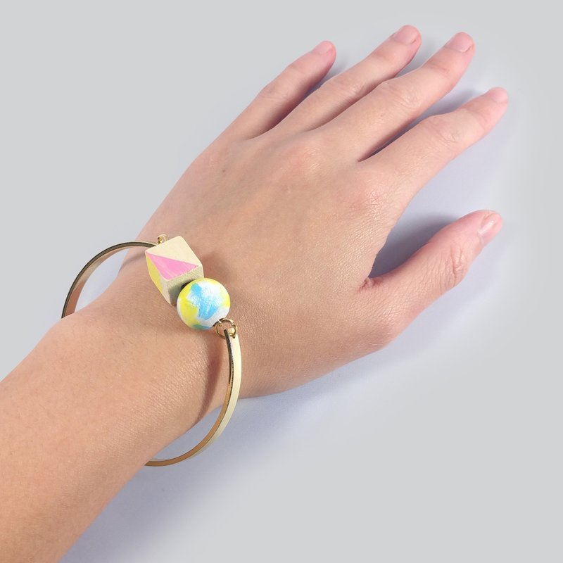 Puppets 色彩 六角形木頭 金色 金屬手鐲 正方木 圓球 彩色 手環 - 手鍊/手鐲 - 木頭 多色