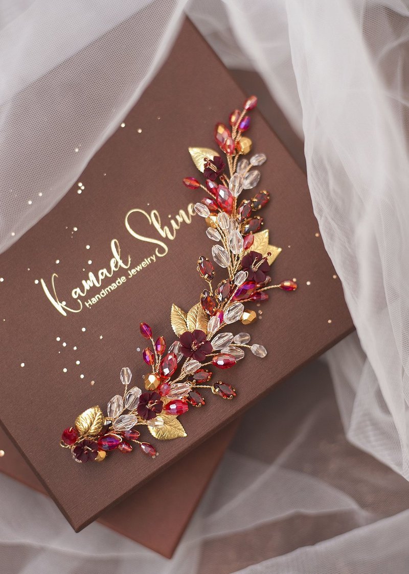 Dark red gold floral hair vine, Burgundy flower hair piece for wedding hairstyle - 髮夾/髮圈 - 黏土 紅色