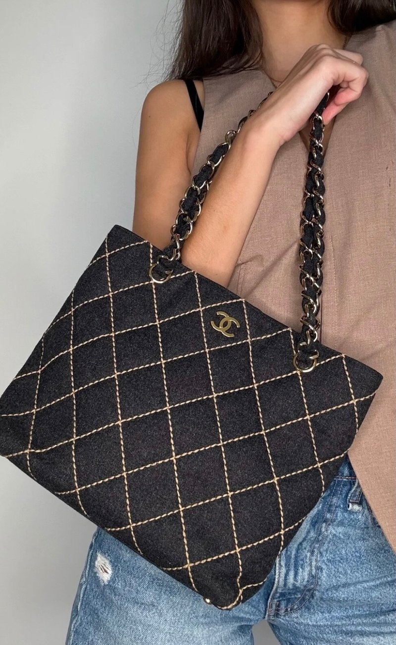 Rare Vintage Chanel Black Tweed Chain Tote Bag Shoulder Bag Crossbody Bag - กระเป๋าแมสเซนเจอร์ - หนังแท้ สีดำ