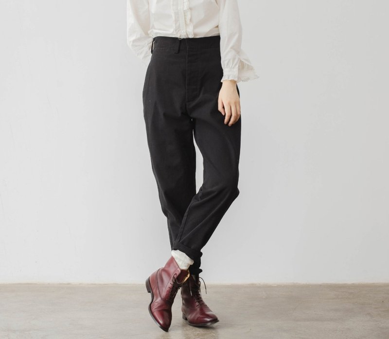 American retro girl workwear basic versatile cotton high-waisted tapered casual pants - กางเกงขายาว - ผ้าฝ้าย/ผ้าลินิน สีดำ