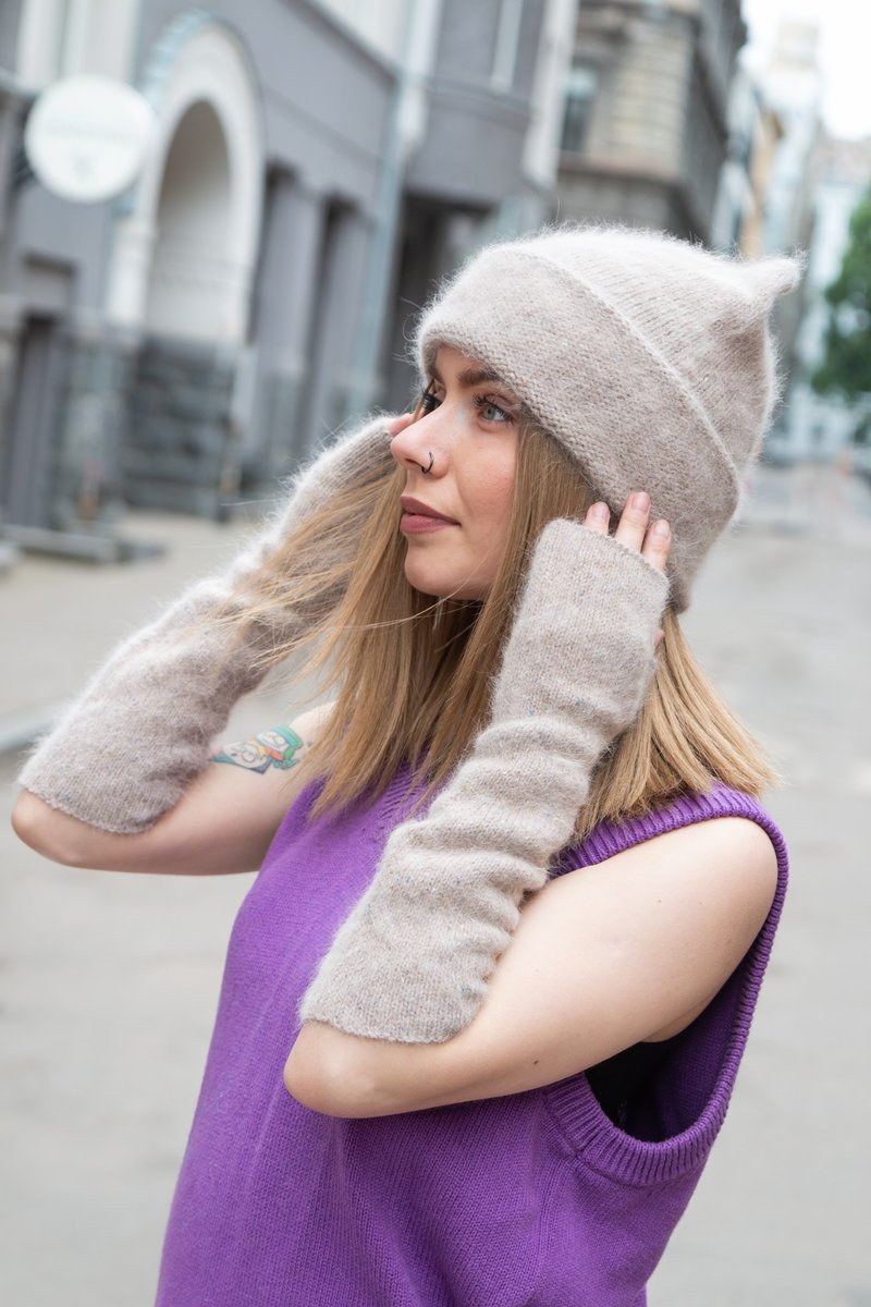 Angora beige fingerless gloves - 手套 - 羊毛 咖啡色