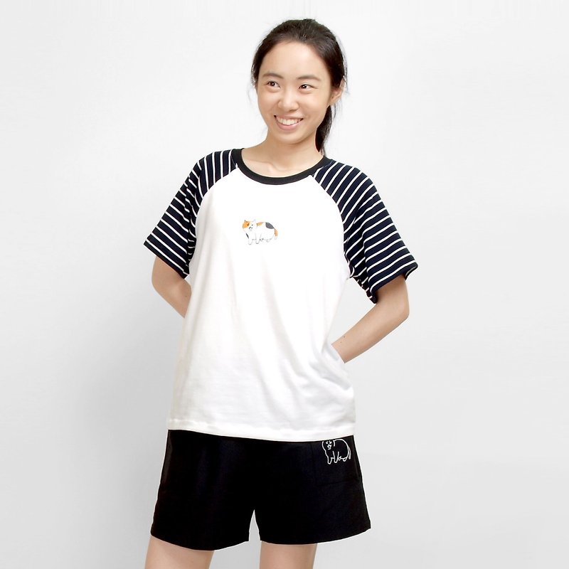 [] HEYSUN spent three fat cat fresh striped stitching T-Shirt - เสื้อยืดผู้หญิง - ผ้าฝ้าย/ผ้าลินิน หลากหลายสี